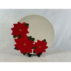 Vintage Handmade Poinsettia Christmas Plate Signed Bobby '81 Red/White Read